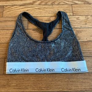 CALVIN KLEIN SILVER AND BLACK SHINY SPORTS BRA!!
